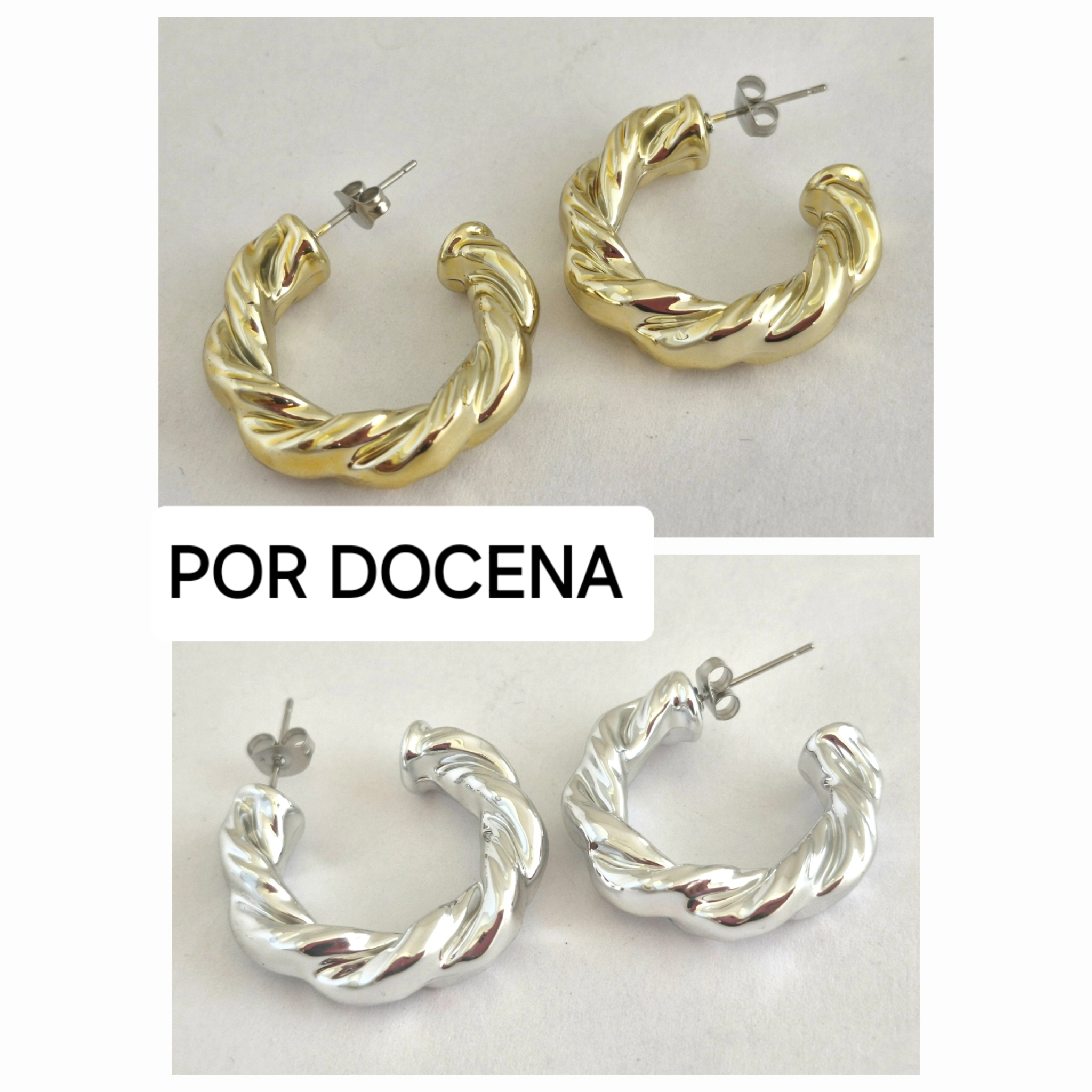 A-FAN0050 DOCENA Aros inflados torsados dorados plateados fantasia