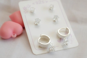 L-TRI0046 Trio de aros estrella cubics argollas con cubics estrellas