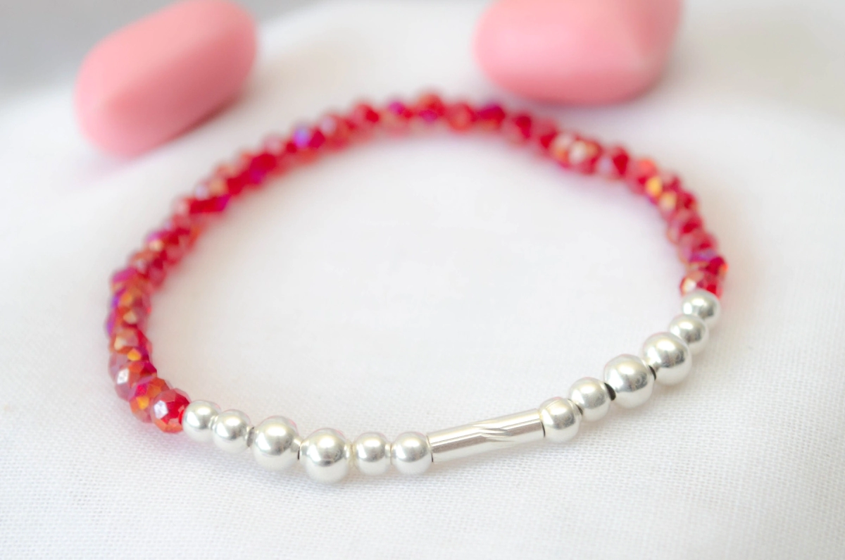 L-PU0119 Pulsera elastizada cristales tubos bolitas ROJO