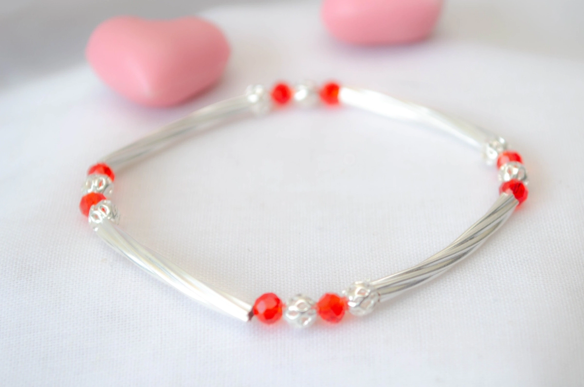 L-PU0130 Pulsera elastizada tubos bolas cristales ROJOS