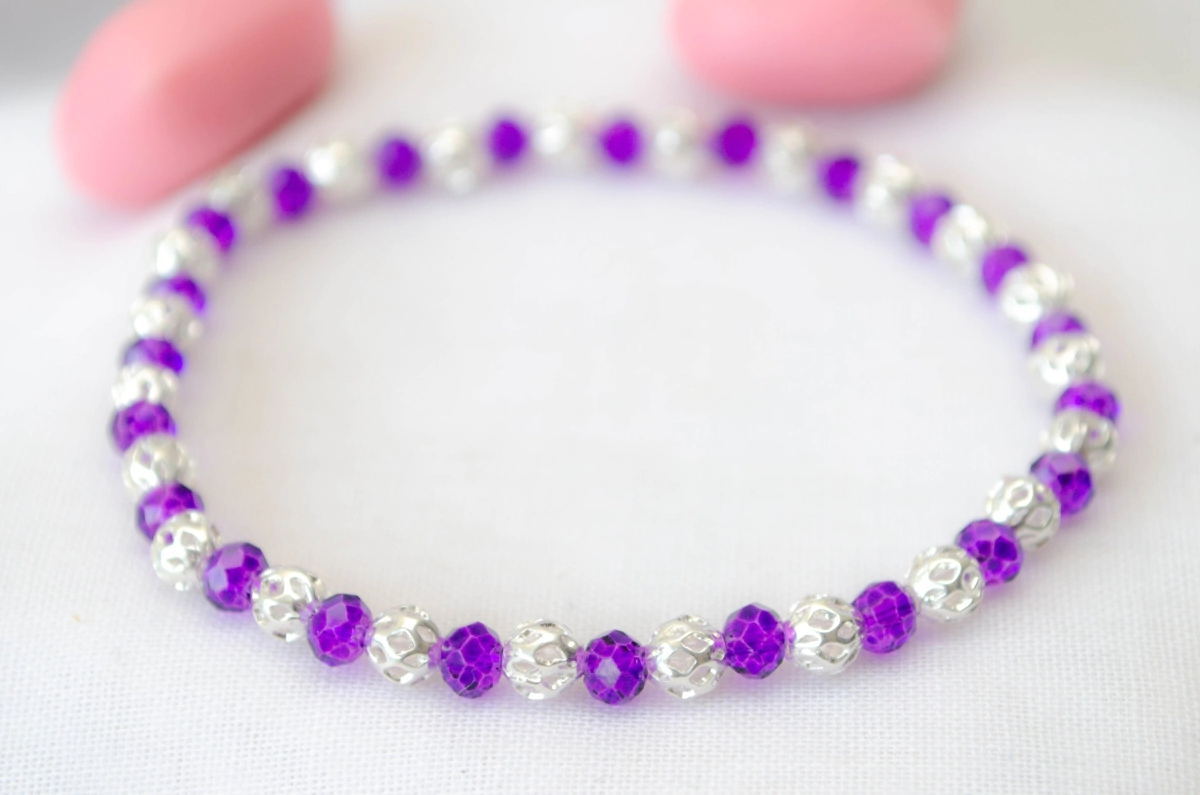L-PU0120 Pulsera elastizada cristales bolas enrejadas VIOLETA