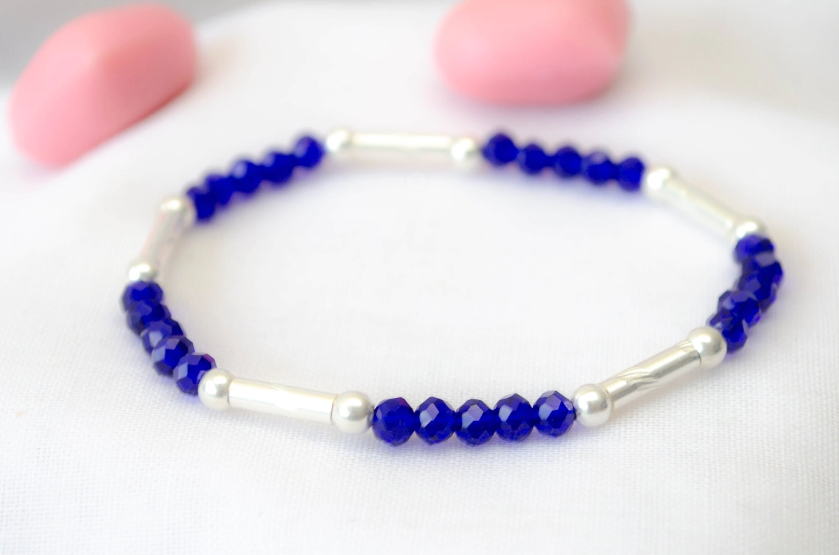 L-PU0121 Pulsera elastizada cristales tubos bolitas azul