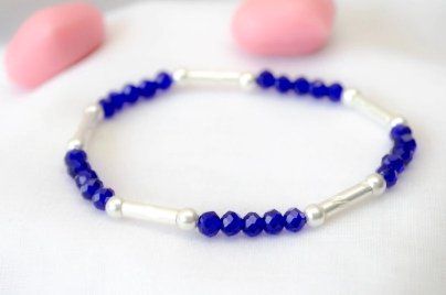 L-PU0121 Pulsera elastizada cristales tubos bolitas azul