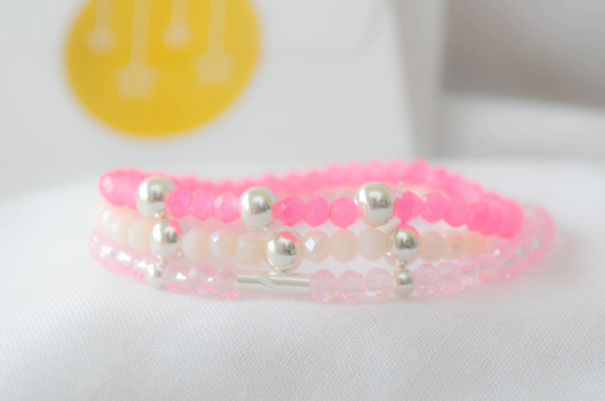 FF-0041 SOBRE Setx3 pulseras elastizadas cristales bolitas ROSAS