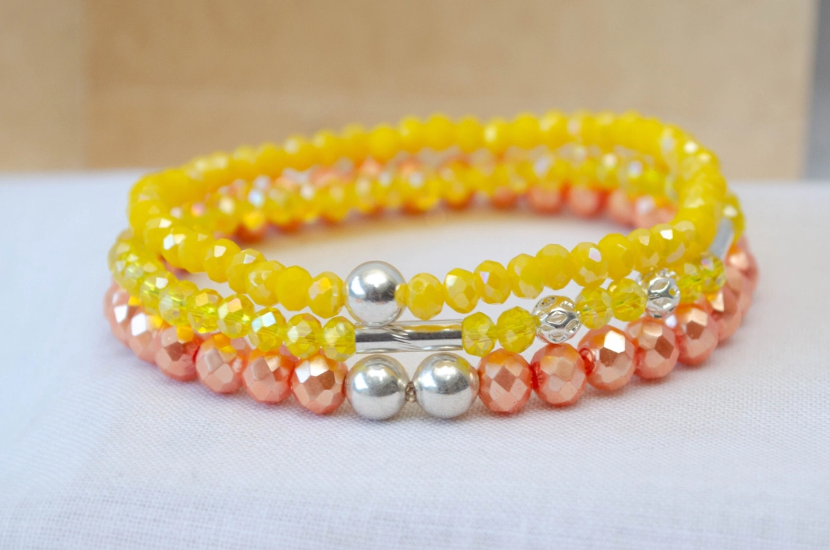 FF-0041 SOBRE Setx3 pulseras elastizadas cristales bolitas AMARILLO