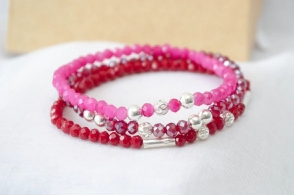 FF-0041 Setx3 pulseras elastizadas cristales bolitas Bordo