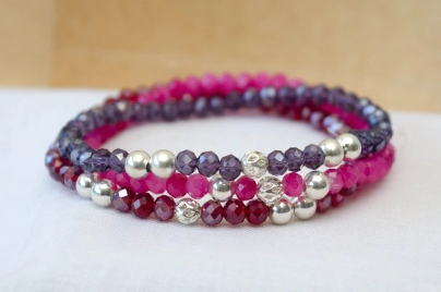 FF-0041 Setx3 pulseras elastizadas cristales bolitas UVA/Bordo