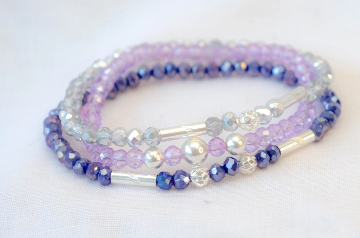 FF-0041 SOBRE Setx3 pulseras elastizadas cristales bolitas  LILA