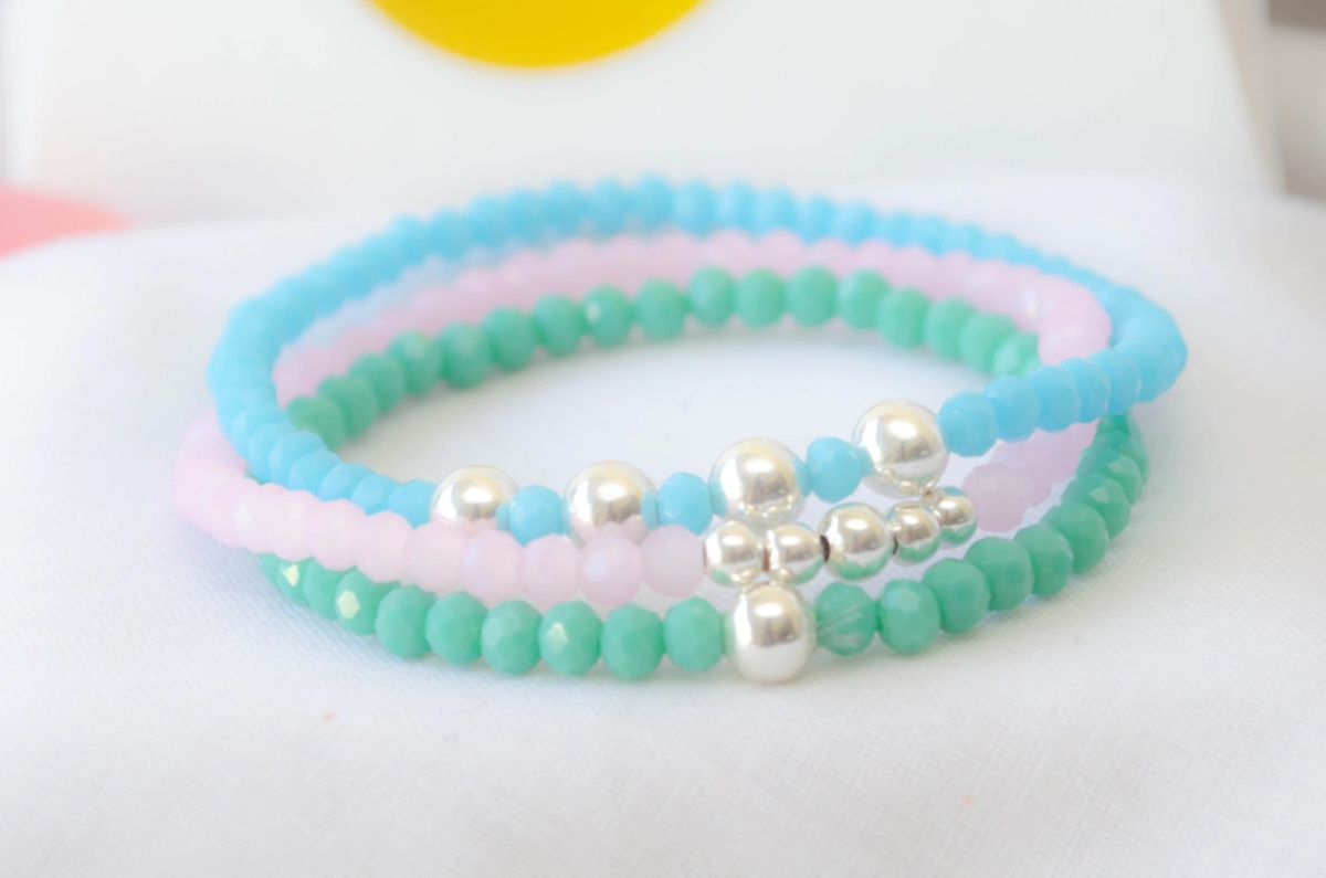 FF-0041 SOBRE Setx3 pulseras elastizadas cristales bolitas  CELESTE ROSA VERDE
