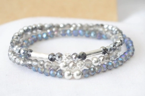 FF-0041 Setx3 pulseras elastizadas cristales bolitas METALIZADO AZUL