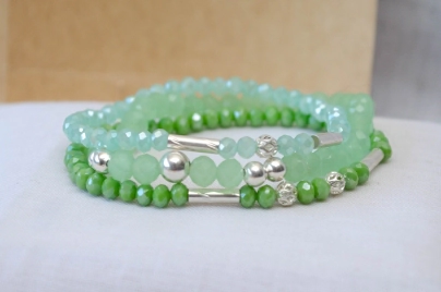 FF-0041 Setx3 pulseras elastizadas cristales bolitas VERDE