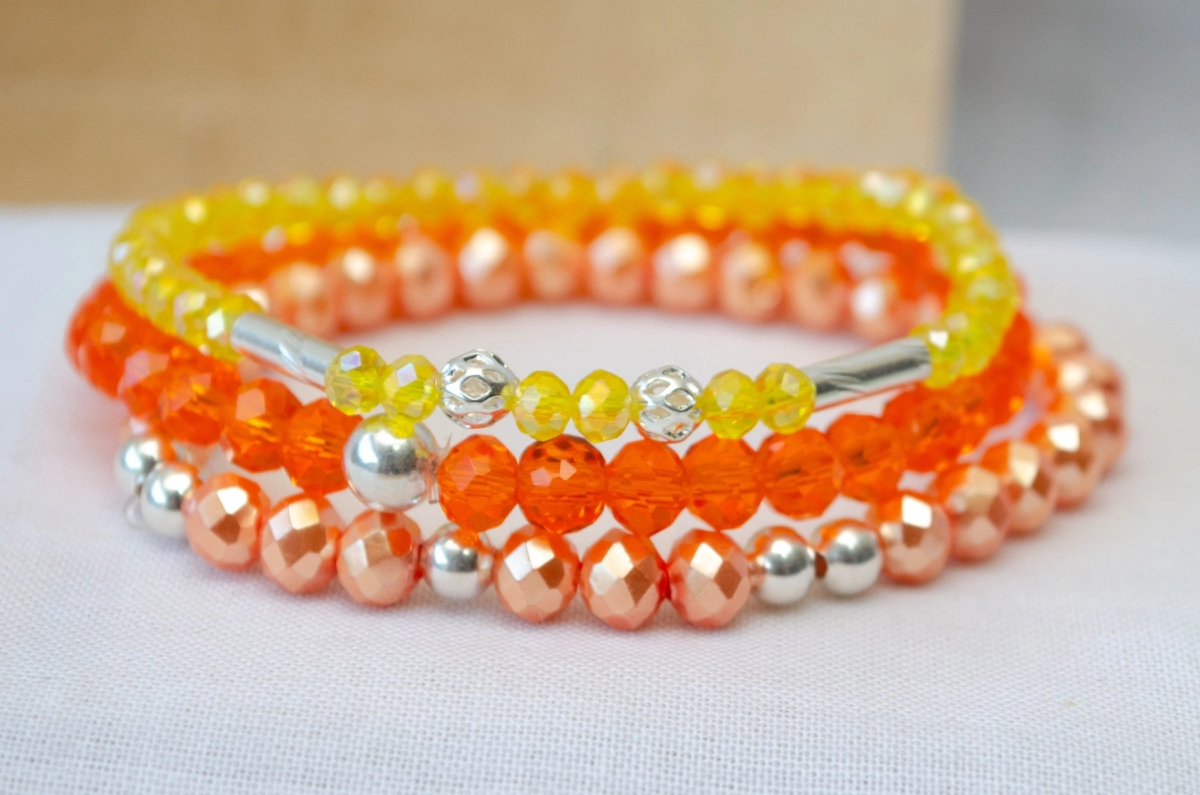FF-0041 Setx3 pulseras elastizadas cristales bolitas NARANJA