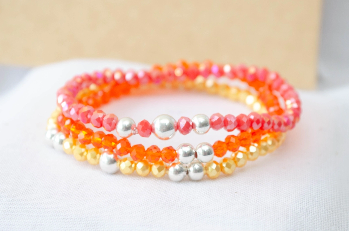 FF-0041 Setx3 pulseras elastizadas cristales bolitas NARANJA
