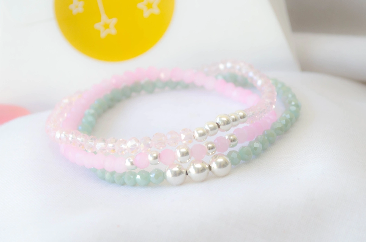 FF-0041 SOBRE Setx3 pulseras elastizadas cristales bolitas ROSA VERDE