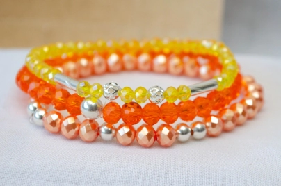 FF-0041 Setx3 pulseras elastizadas cristales bolitas NARANJA