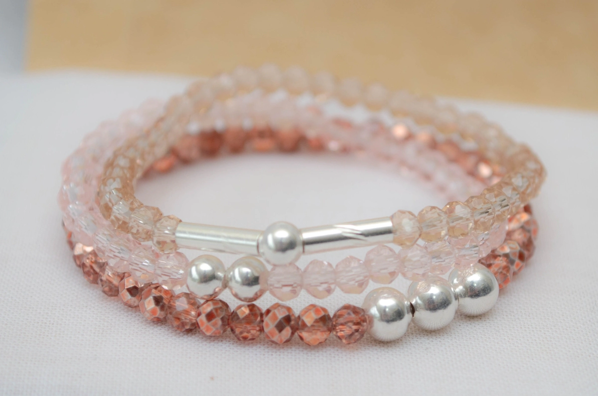 FF-0041 Setx3 pulseras elastizadas cristales bolitasROSAS