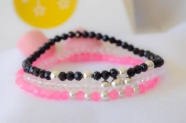 FF-0041 SOBRE Setx3 pulseras elastizadas cristales bolitas ROSA transp NEGRO