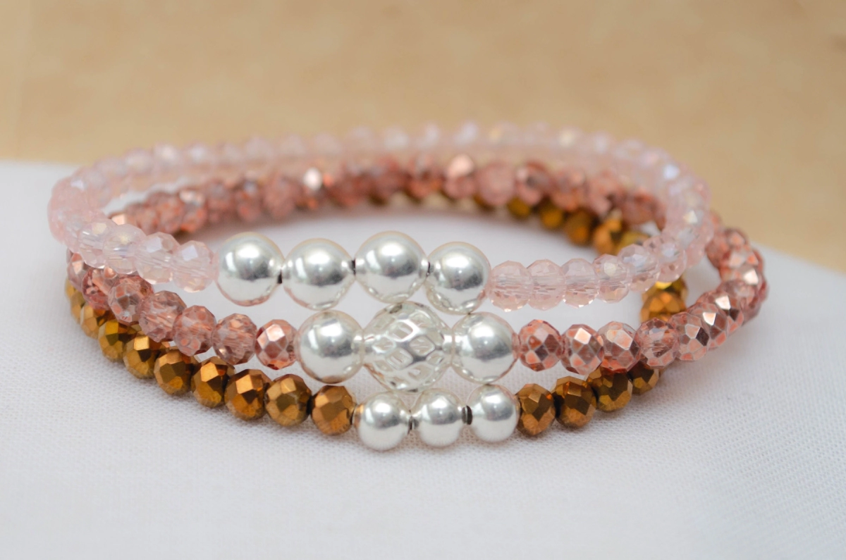 FF-0041 Setx3 pulseras elastizadas cristales bolitas ROSAS COBRE