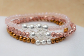 FF-0041 Setx3 pulseras elastizadas cristales bolitas ROSAS COBRE