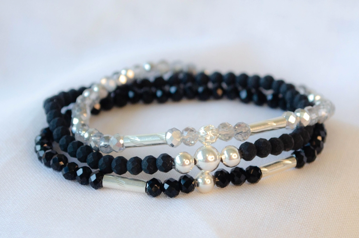 FF-0041 SOBRE Setx3 pulseras elastizadas cristales bolitas NEGRO 