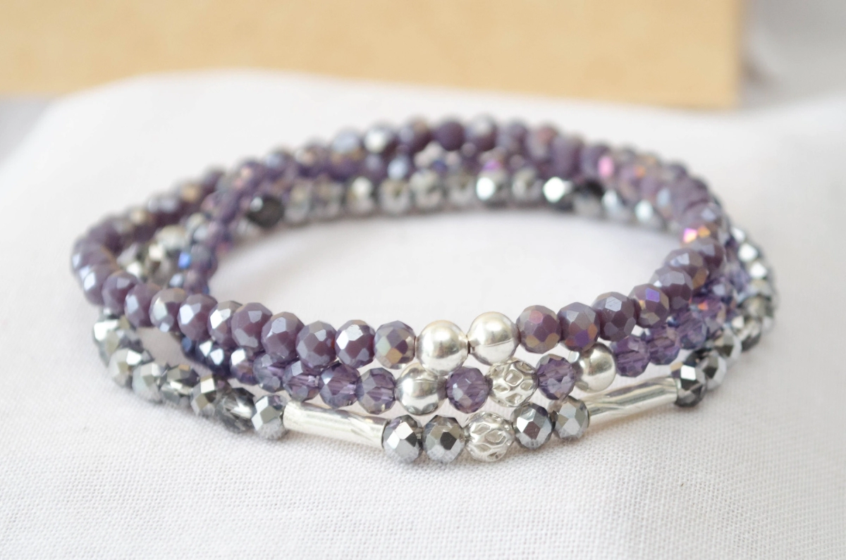 FF-0041  Setx3 pulseras elastizadas cristales bolitas UVA/PLATA