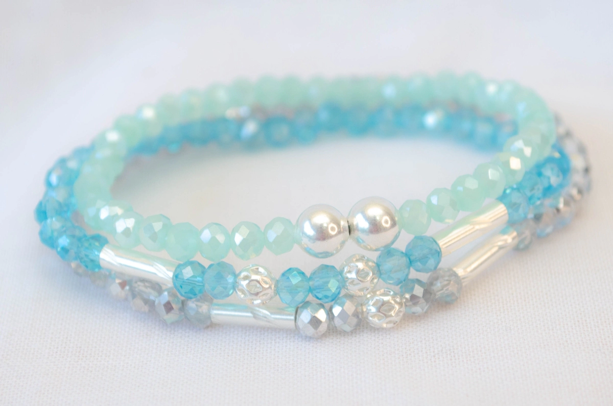 FF-0041 SOBRE Setx3 pulseras elastizadas cristales bolitas CELESTE PLATA