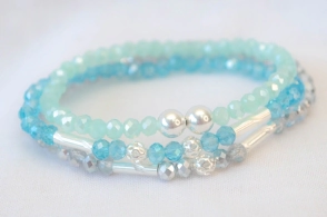 FF-0041 SOBRE Setx3 pulseras elastizadas cristales bolitas CELESTE PLATA