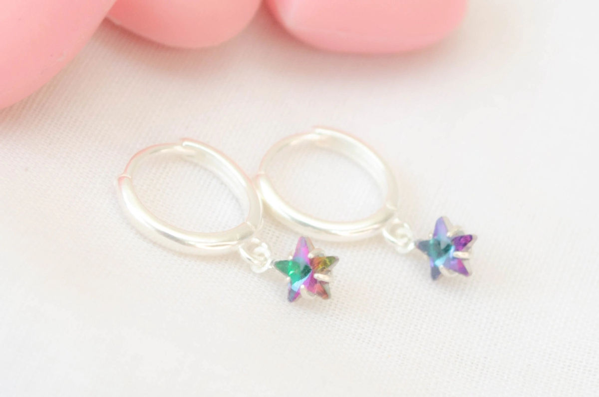 L-AR1034 Aros argollas con estrellita cristal  AZUL VERDE