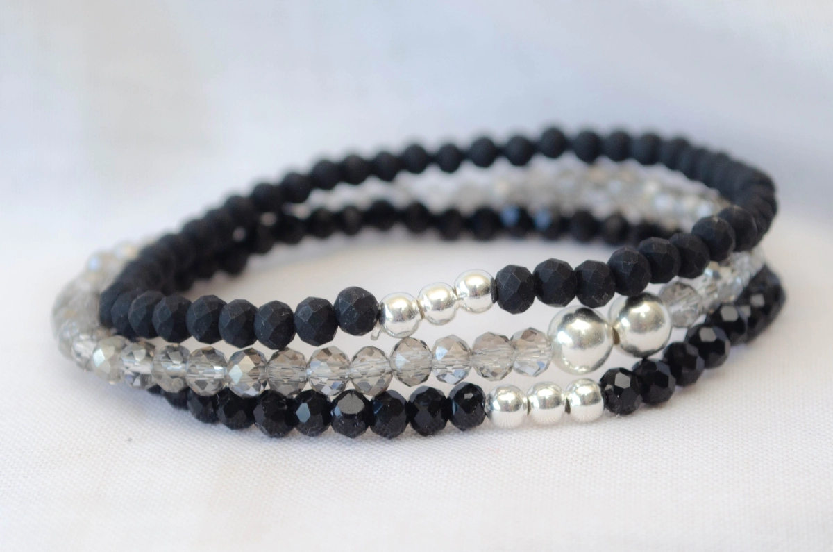 FF-0041 SOBRE Setx3 pulseras elastizadas cristales bolitas NEGRO GRIS