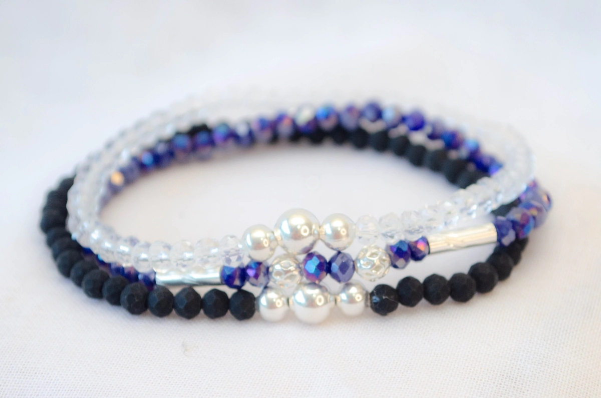 FF-0041 SOBRE Setx3 pulseras elastizadas cristales bolitas NEGRO AZUL