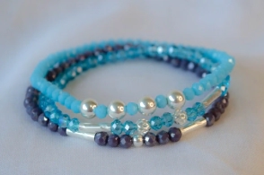 FF-0041 SOBRE Setx3 pulseras elastizadas cristales bolitas CELESTE