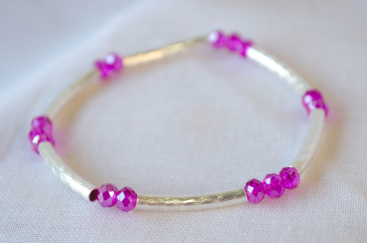 L-PU0149 Pulsera elastizada tubos cristales FUCSIA