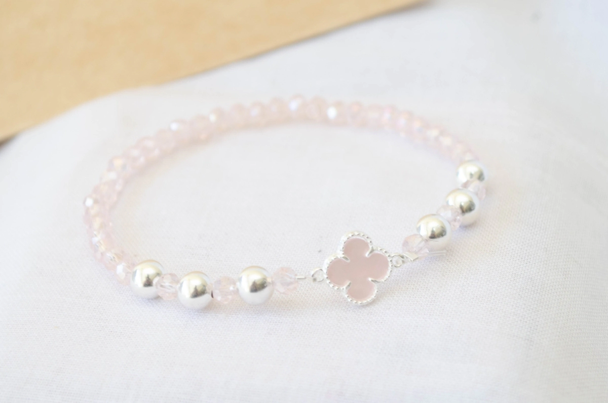 L-PU0173 Pulsera cristales elastizada trebol ROSA