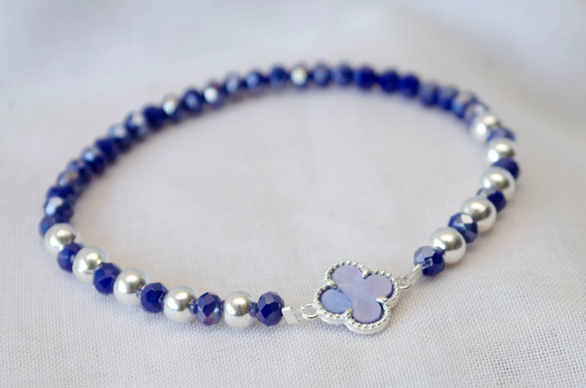 L-PU0173 Pulsera cristales elastizada trebol AZUL