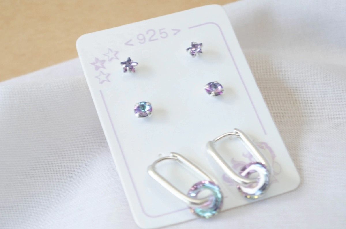 L-TRI0068 Trio cristal estrella circulo argolla rectan con dona LILA