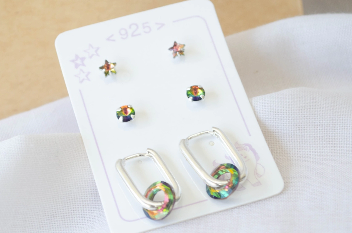 L-TRI0068 Trio cristal estrella circulo argolla rectan con dona VIOLETA /VERDE