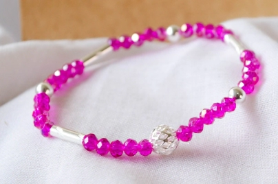 L-PU0201 Pulsera cristales bolas tubos FUCSIA
