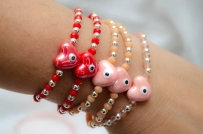 L-PU0224 Pulsera cristales corazon ceramina  ROJO