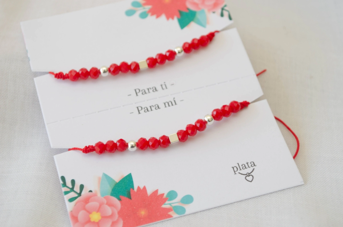 AMI0016 Setx2 pulseras hilo chino rojo cristales bolitas