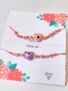 AMI0040 Setx2 pulseras hilo chino rosa CORAZON ceramica lila y rosa bolitas