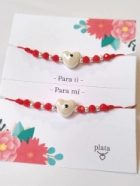 AMI0038 Setx2 pulseras hilo chino rojo CORAZON cer�mica blanco bolitas rojo