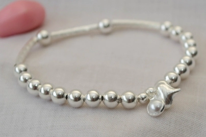 L-PU0244 Pulsera bolitas tubos elastizada CORAZON PERLA