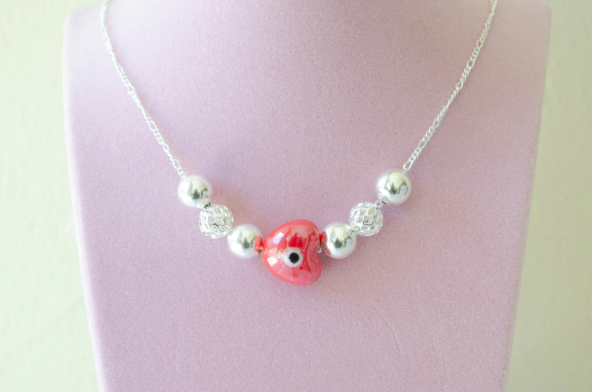 L-CA0419 Cadena + corazon ceramica+bolas ROJO
