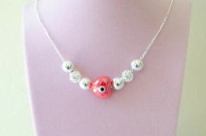 L-CA0419 Cadena + corazon ceramica+bolas ROJO
