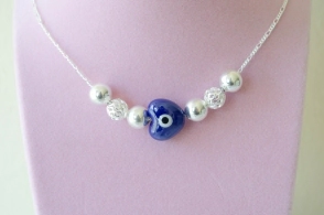 L-CA0419 Cadena + corazon ceramica+bolas AZUL